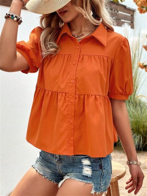 Shein Vcay Puff Sleeve Ruffle Hem Smock Shirt Shein Usa