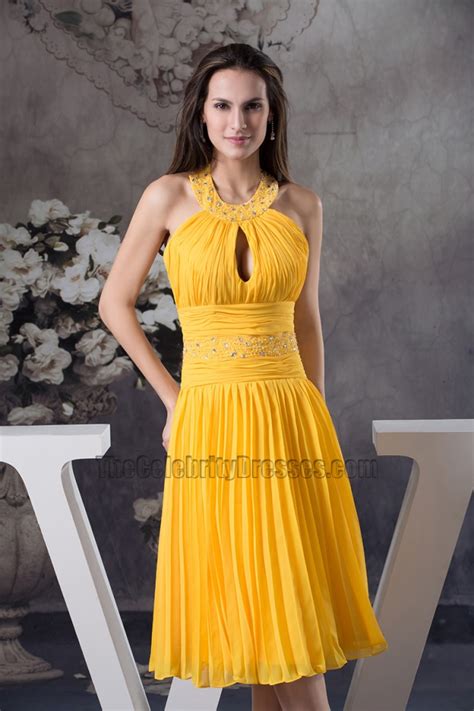 Yellow Knee Length Halter Chiffon Cocktail Bridesmaid Dress