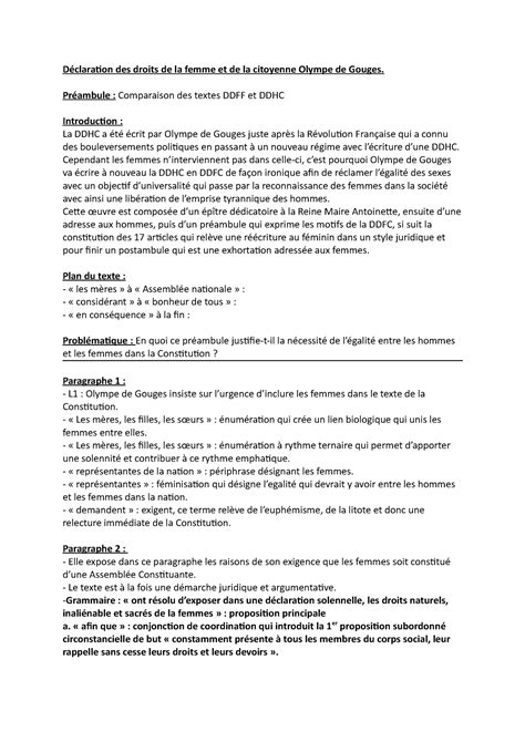 BAC Texte Préambule Olympe de Gouges Déclaration des droits de la