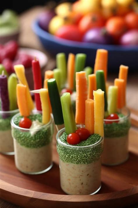 Bunte Gemüsesticks mit Dip Perfektes Partysnack Fingerfood für