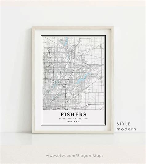 a framed map of the city of fishers