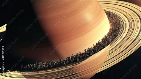 Planet Saturn in outer space. City located along the rings of Saturn ...