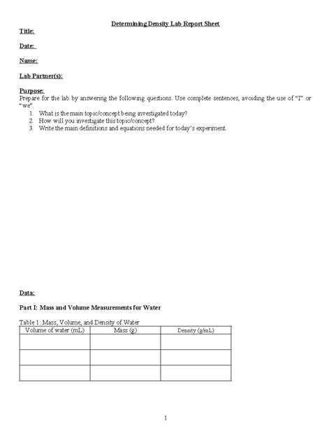 Chem K Determining Density Lab Report Sheet Determining Density