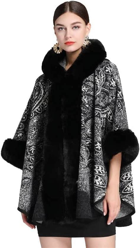 Pikadingnis Cloak Wraps Shawl Hooded Poncho For Women Faux Fur