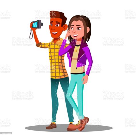 Teenage Friends Guy Girl Take Selfie Together Vector Isolated