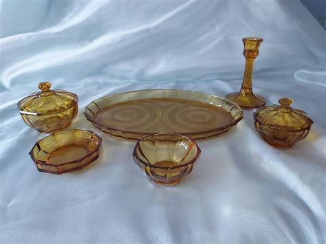 Art Deco Amber Glass Dressing Table Set Bagley Set 6 Piece Etsy Uk