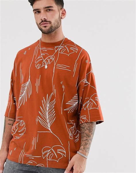 Asos Design Oversized Heavyweight T Shirt With Line Print Brown