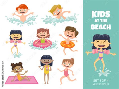 Collection of kids playing at the beach. Cartoon characters isolated on ...