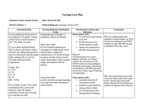 Oxygen Care Plan Template