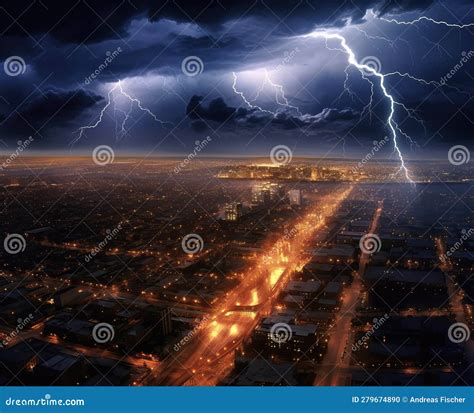 Lightning Storm Over City Thunderbolt In A Night City Landscape