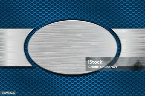 Metal Brushed Oval Plate On Blue Perforated Background Stock