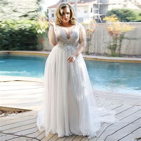 Elegant Beach Wedding Dress Plus Size V Neck With Lace Appliques Cap S A Thrifty Bride Shop