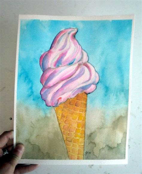 Pink Soft Serve Ice Cream Cone Watercolor Painting Sweet Summer