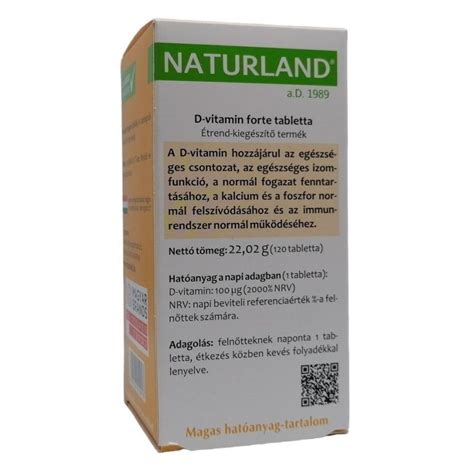 3426 Ft Naturland D vitamin forte tabletta 120db Egészségpláza Budapest