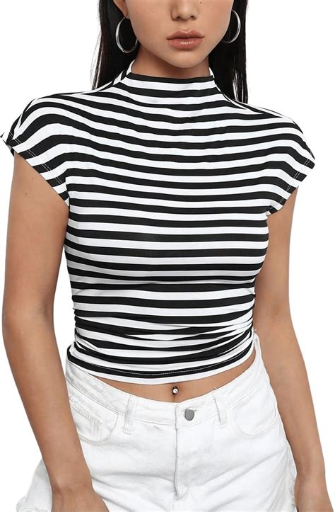 Floerns Women S Striped Print Cap Sleeve Mock Neck Stretchy Crop Top