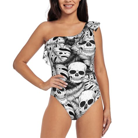 Bingfone Skull and palm leaves Print Womens One Piece Swimsuits One