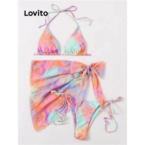 Lovito Women Casual Tie Dye Knot Asymmetrical Bikini Sets LNE68123