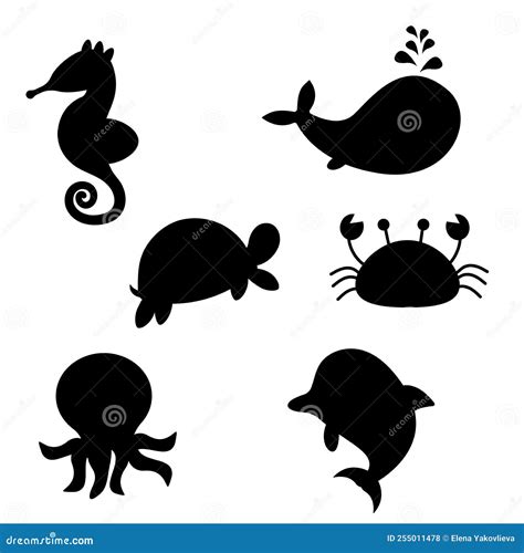 Sea Animals in Silhouette Style. Vector Illustration Stock Vector ...