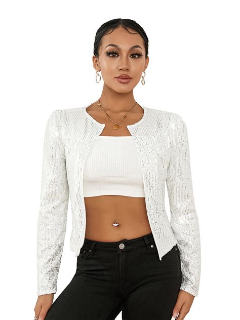 Gwiyeopda Women Sequin Jacket Long Sleeve Open Front Cropped Blazer Bolero Shrug Coat