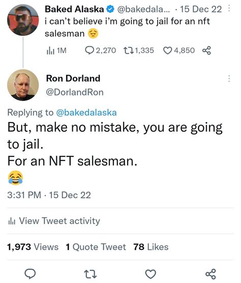 Ron Dorland On Twitter Baked Alaska Going To Jail For An NFT