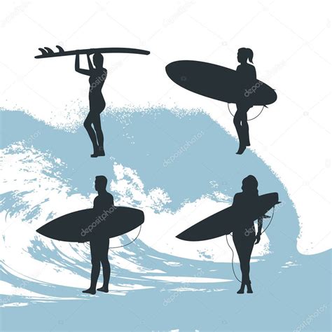 Conjunto Surfistas Fondo Ola Vector De Stock Por Matc