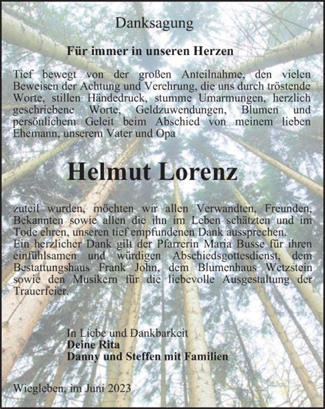 Traueranzeigen Von Helmut Lorenz Trauer In Thueringen De