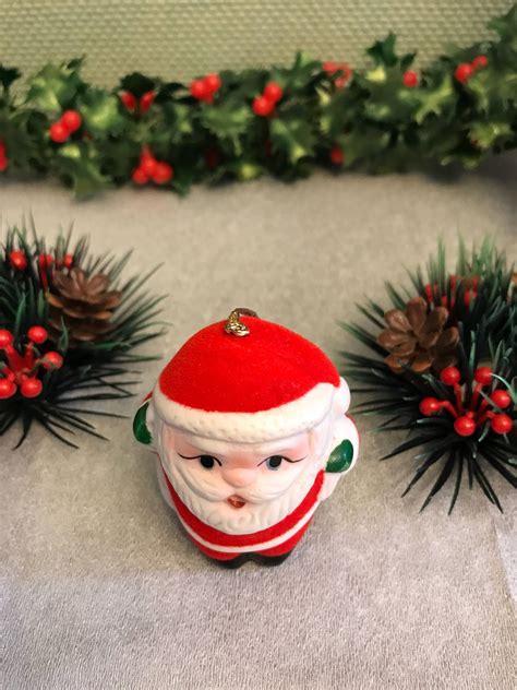 Vintage Flocked Santa Bell Ornament Porcelain Bell Santa Red Flocked