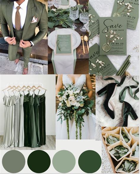 A Collage Of Green And White Wedding Color Palettes For The Brides Dress