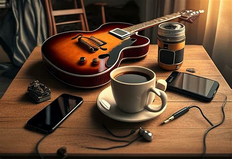 Photo Music Objects With Guitar Gadget And Coffee On The Table In