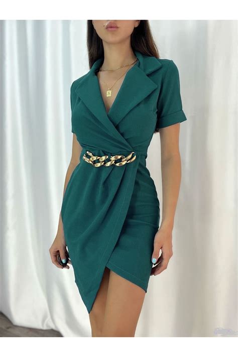 Secret Passion Lingerie Q Esnek Yeşil Krep Kumaş Ceket Yaka Kısa Kollu Asimetrik Mini Abiye Ve