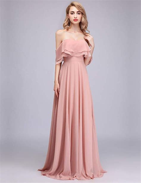 Clothknow Chiffon Bridesmaid Dresses Long Strapless Shoulder Ruffles