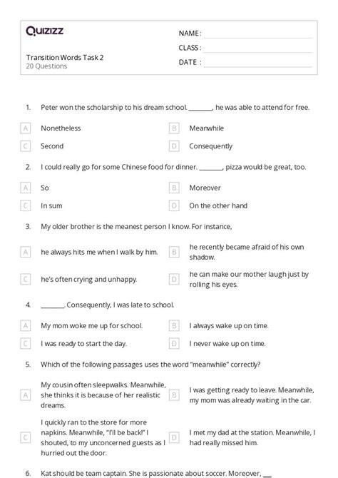 Transition Words Worksheets For Th Grade On Quizizz Free Printable