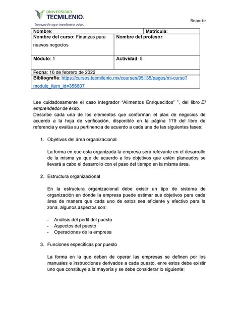 Actividad 5 finanzas Reporte Nombre Matrícula Nombre del curso