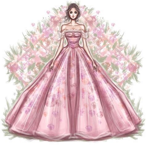 A Drawing Of A Woman In A Pink Dress With Flowers Around Her Neck And