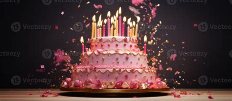 Opulent pink birthday cake with abundant golden candles 27105826 Stock ...