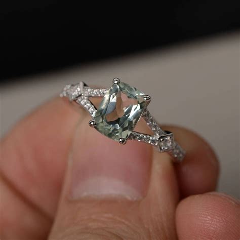 Natural Green Amethyst Ring Split Band Engagement Ring Silver Promise