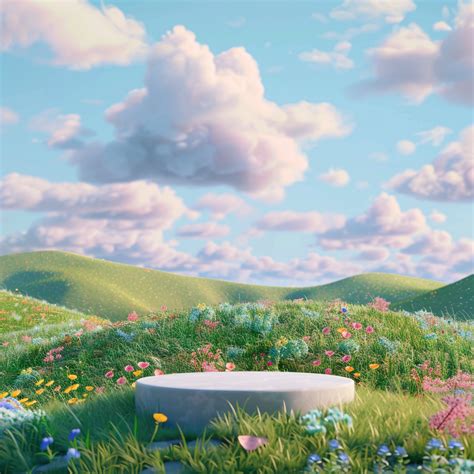 3D illustration of green hills and clouds, grass on the ground with colorful wildflowers, blue ...