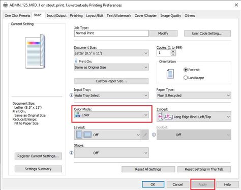 Printing Windows Setting Color Preferences