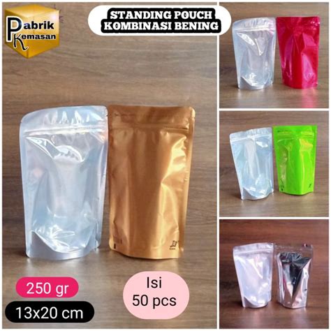 ISI 50 PCS STANDING POUCH SILVER HIJAU GOLD MERAH KOMBINASI TRANSMET