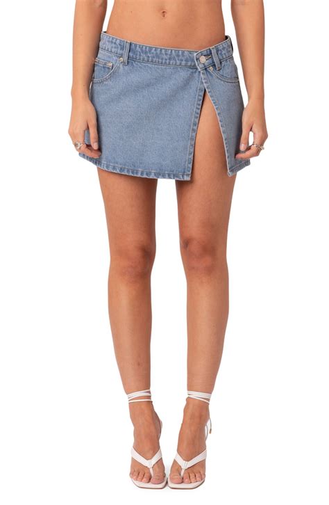 Edikted Front Slit Denim Wrap Miniskirt Light Blue Editorialist