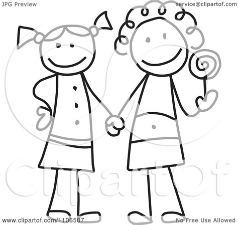 Clipart Black And White Stick Drawing Of Two Best Friend Girls Holding