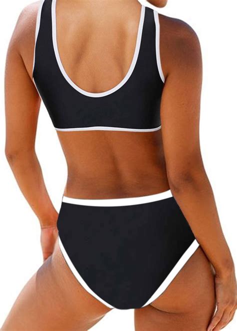 Scoop Back Ruched Contrast Piping Bikini Set Modest Swimsuits Bikini