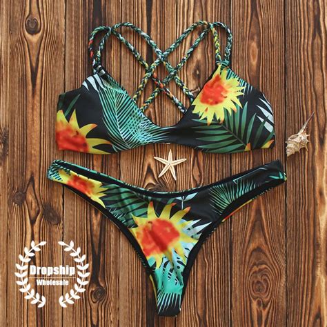 New Tropical Print Women Bikini Set Retro Double Cross Strap Push Up Bikinis Summer Swimming