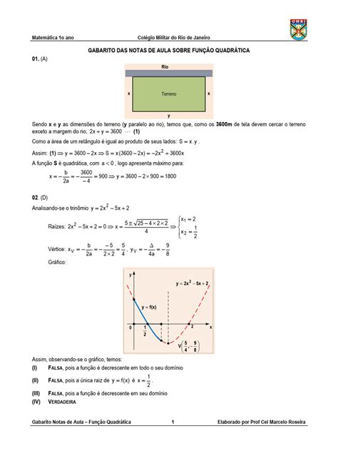 02 Gabarito Notas De Aula Funcao Quadrática Cmrj 2023 Pdf Equações