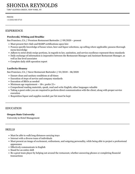 Restaurant Bartender Resume Samples Velvet Jobs