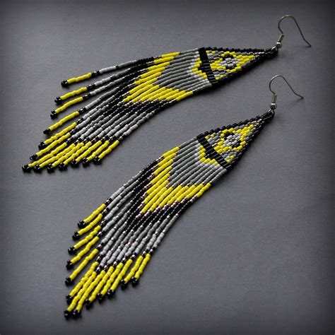 Seed Bead Earrings Fringe Beaded Earrings Yellow And Grey Etsy