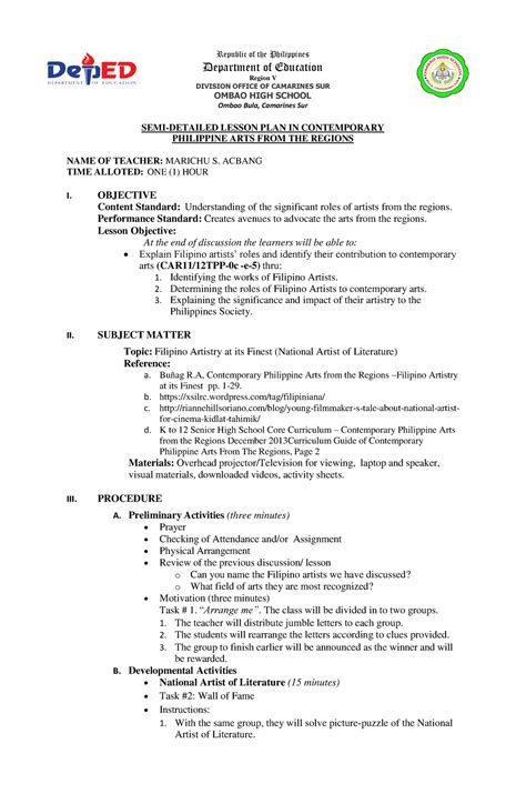 Cot1 Cpar A Semi Detailed Plan In Teaching Cpar Republic Of The