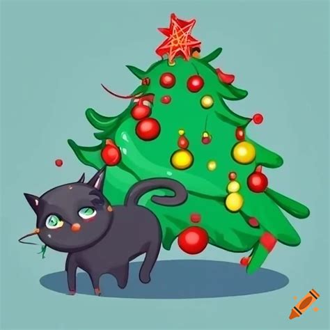 Cartoon Of A Black Cat Playing With A Christmas Tree On Craiyon