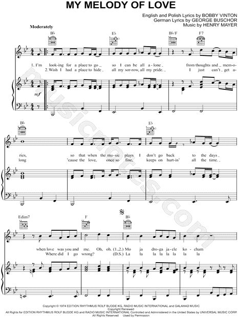 Bobby Vinton "My Melody of Love" Sheet Music in Bb Major - Download ...