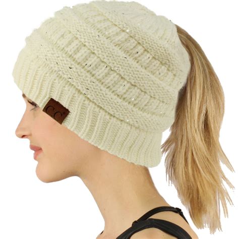 Cc Ponytail Messy Bun Beanietail Soft Winter Knit Stretch Beanie Hat